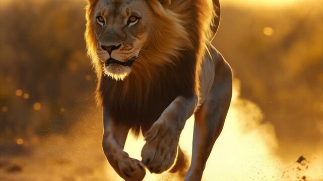 Majestic lion in motion at sunrise