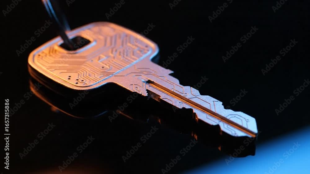 Poster metal key with circuit board pattern with glowing edges on dark reflective surface