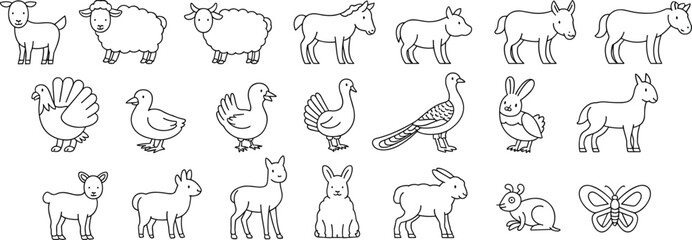 Farm animals icons, sheep, donkey, turkey, duck, rabbit, goat, butterfly, cartoon outline drawings, livestock illustration, agriculture symbols, flat vector illustration