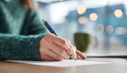 Close-up of a person's hand writing on a notepad with a pen, sitting at a desk in a bright environment with blurred background lights