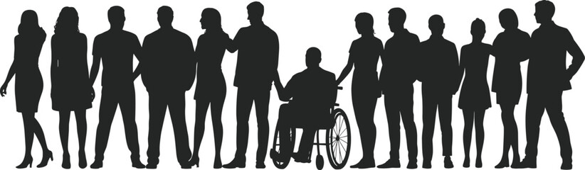 Diverse group of people standing together, men and women silhouettes, inclusion concept, teamwork, equality, support, community, wheelchair user illustration