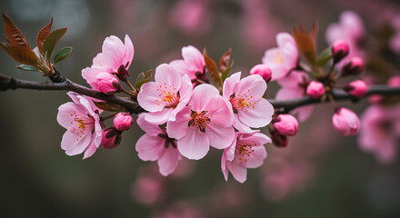 Obraz premium Delicate Pink Blossoms on a Tree Branch Announcing the Arrival of Spring with Soft Focus and Gentle Colors Evoking Serenity and Natural Beauty for Floral Backgrounds