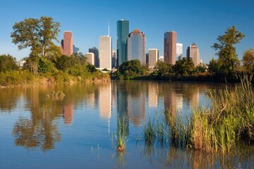 Naklejka premium City Skyline Reflected in Lake Water