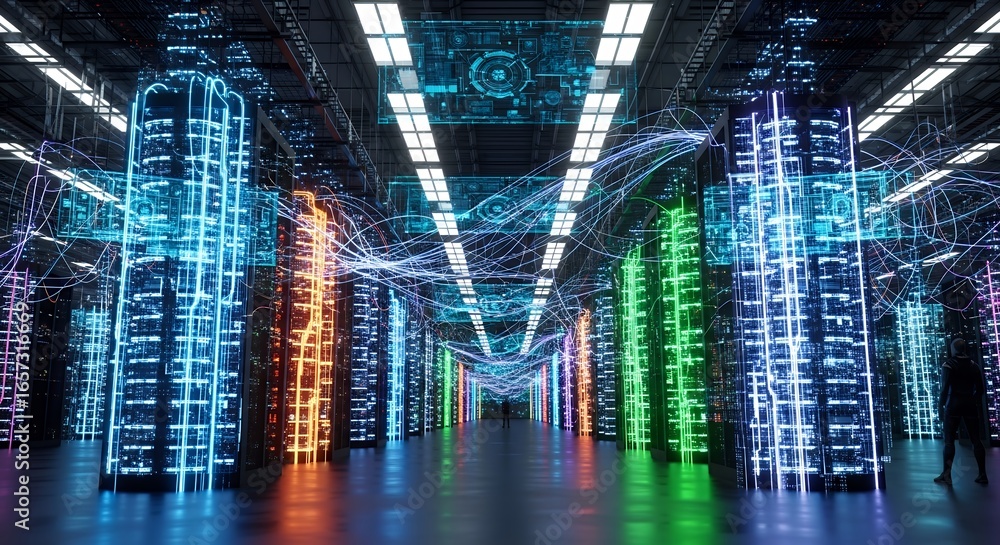 Poster illuminated server racks in a data center with bright neon light trails and futuristic interface. co