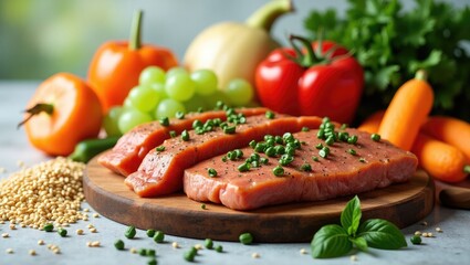 Fresh raw meat and vegetables arranged on a wooden cutting board.