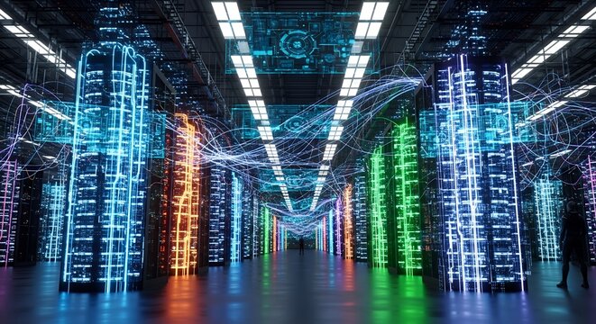 Illuminated server racks in a data center with bright neon light trails and futuristic interface. Concept for cloud computing, cybersecurity infrastructure and digital network
