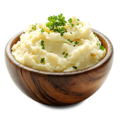 A wooden bowl with mashed potatoes inside white