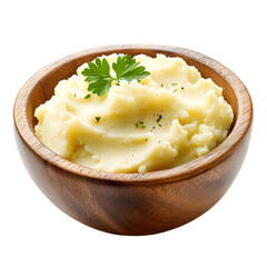 A wooden bowl with mashed potatoes inside white