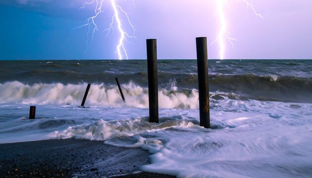 Powerful lightning illuminates a stormy ocean, crashing waves against weathered posts on a beach.
