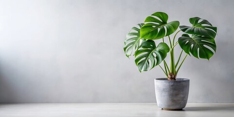 Exotic large leaf house plant Monstera deliciosa in gray ceramic pot on white minimalist background