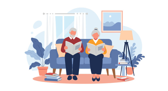 Elderly couple reading books together on sofa at home