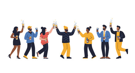 Obraz premium Friends celebrating together with champagne toasts and sparkling confetti