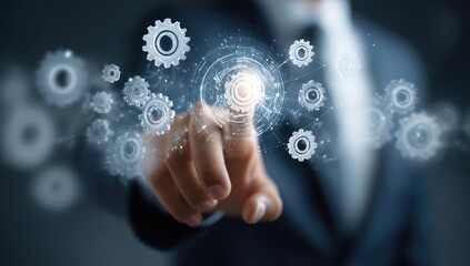 Businessperson interacts with digital gears, symbolizing automation and process optimization