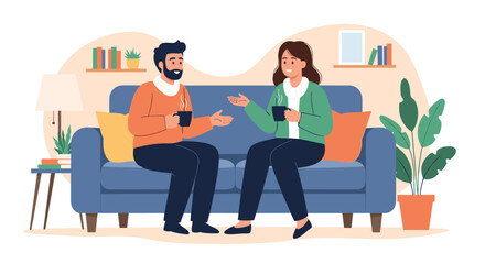 Two people enjoying a casual conversation over coffee at home