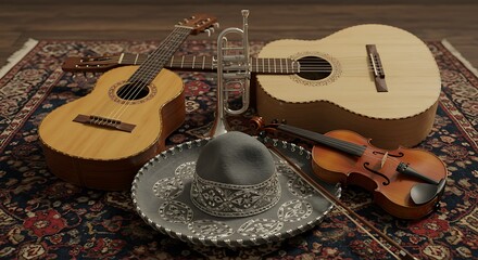 Traditional Mexican Mariachi Instruments and Sombrero