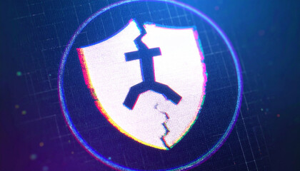 Cracked Shield Icon: A digitally rendered shield icon, visually portraying security breach, data vulnerability, or digital security concerns.