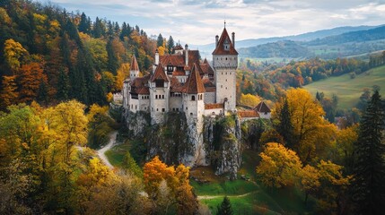 Majestic Castle Surrounded by Vibrant Autumn Foliage in a Serene Landscape with Rolling Hills and Trees