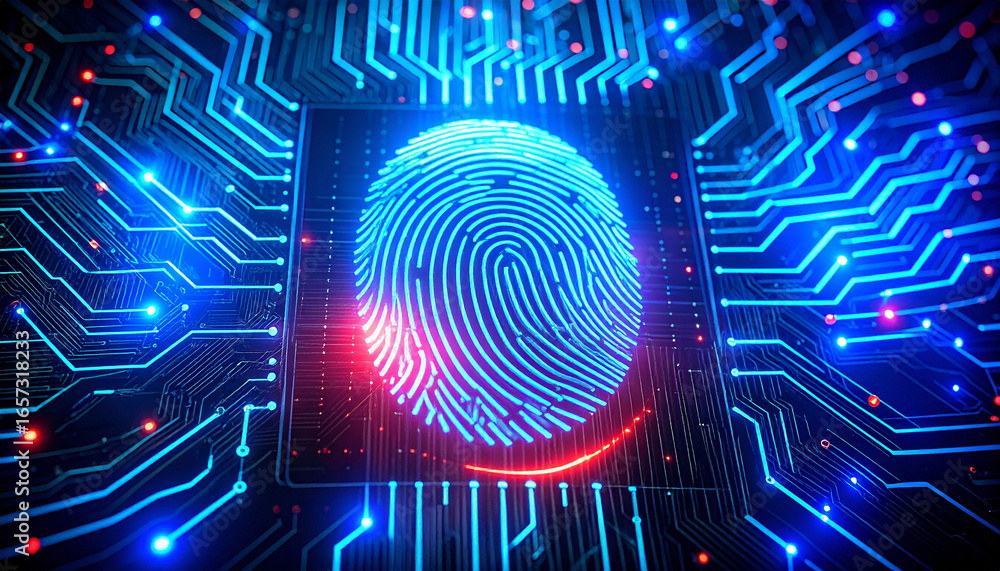 Poster digital fingerprint authentication: a close-up, captivating image of a luminous fingerprint superimp