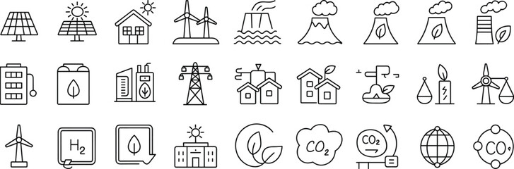 Renewable energy icons, solar power, wind turbines, eco friendly electricity, sustainable energy sources, green technology, clean environment, flat vector illustration