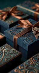 Navy blue gift boxes with bronze ribbon and ornate pattern