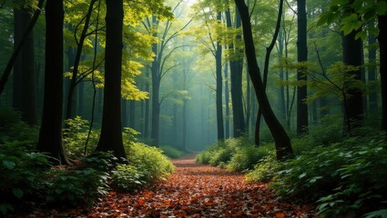 Obraz premium Misty forest path lined with tall trees.