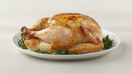 Golden roasted chicken on white plate with parsley