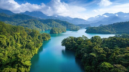 Breathtaking Aerial View of Lush Green Mountains and Serene River Under Bright Blue Sky