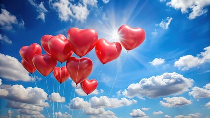 Fototapeta premium Heart shaped balloons floating in the clear blue sky with a few wispy clouds