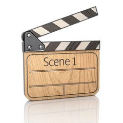 Fototapeta premium Wooden movie clapperboard with scene 1 text isolated on white background