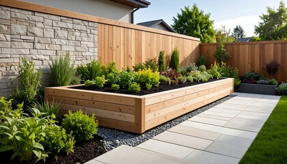 Wooden planter box in a landscaped backyard setting.