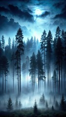 Fototapeta premium Dark forest at night with mist and fog