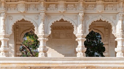 Fototapeta premium Architectural Beauty of Intricate Carvings in Historical Temple Structure with Elegant Arched Windows