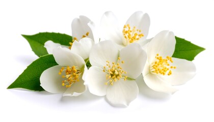 Obraz premium Arrangement of pristine white jasmine flowers with vibrant yellow stamens on white background
