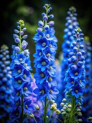 Vibrant blue delphinium flowers blooming in a dark
