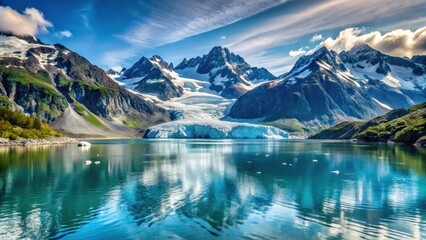 Glacier calving into a crystal-clear lake beneath the grandeur of Alaska's majestic mountain range