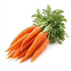 Fresh bunch of orange carrots with green tops on white background