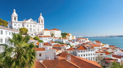 Scenic view of Lisbon with historic buildings, colorful rooftops, and vibrant blue sky over the Tagus River