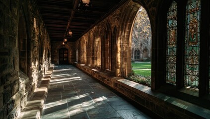 Sunlit stone cloister with arched windows and stained glass