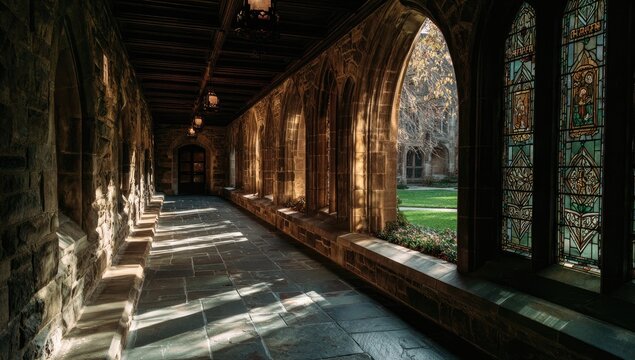 Sunlit stone cloister with arched windows and stained glass