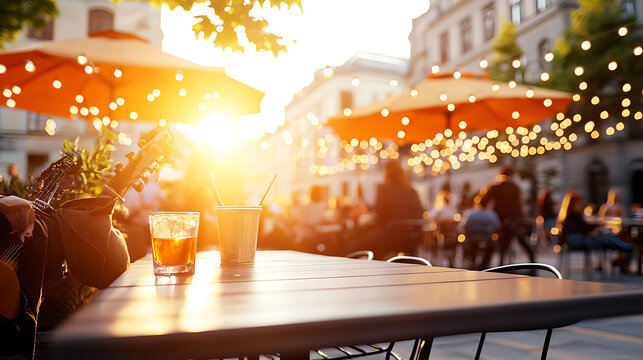 Vibrant European plaza filled with people enjoying drinks, live music, and warm sunlight. atmosphere is lively and inviting, perfect