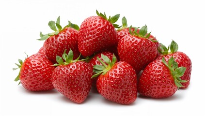 Pile of fresh bright red strawberries with green caps on a white background