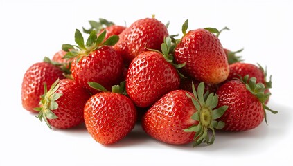Pile of fresh red strawberries with green tops on white background