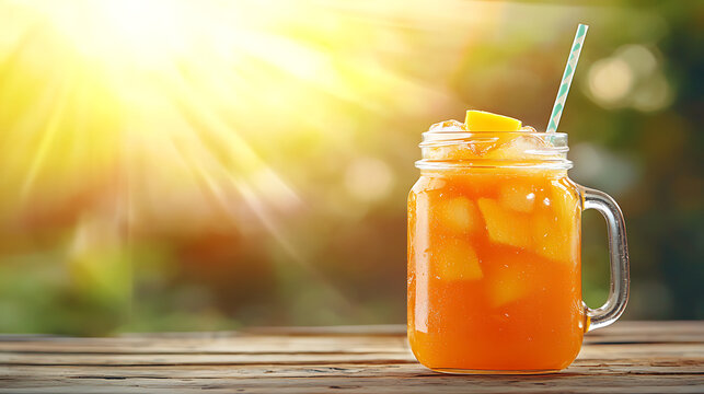 Fresh mango juice in mason jar with ice and straw, illuminated by sunlight, evokes refreshing summer vibe