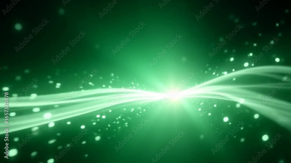 Poster dynamic green energy flow with bright light and particles, perfect for tech concepts