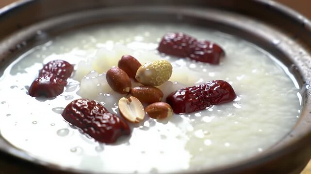 Laba Congee Display Featuring Glutinous Rice Porridge Red Dates Peanuts and Sesame Seeds in Dark Brown Bowl Close Up A Symbol of Luck and Prosperity Perfect Decoration for Chinese New Year