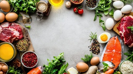Fresh Ingredients for Culinary Artistry, Featuring Eggs, Fish, Meat, Herbs, and Spices on a Gray Background