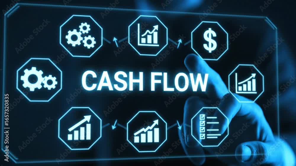 Poster touching glowing cash flow display with gears graphs and dollar sign on dark background