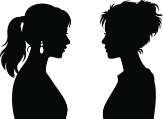 Silhouette of two women facing each other, female profile illustration, hairstyle design, beauty fashion concept, conversation, elegant girl portrait