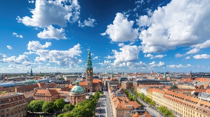 Naklejka premium Breathtaking Aerial View of Urban Landscape with Historic Buildings and Dramatic Cloudscape in Copenhagen, Denmark