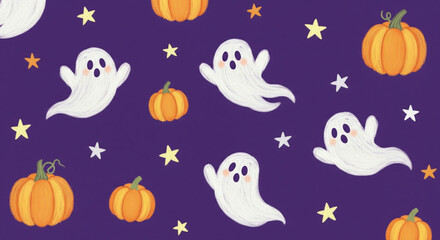 Halloween wallpaper, solid purple base, cute oil paste style ghosts, pumpkins, and tiny stars, soft brush strokes, playful and minimal, HD, 16:9